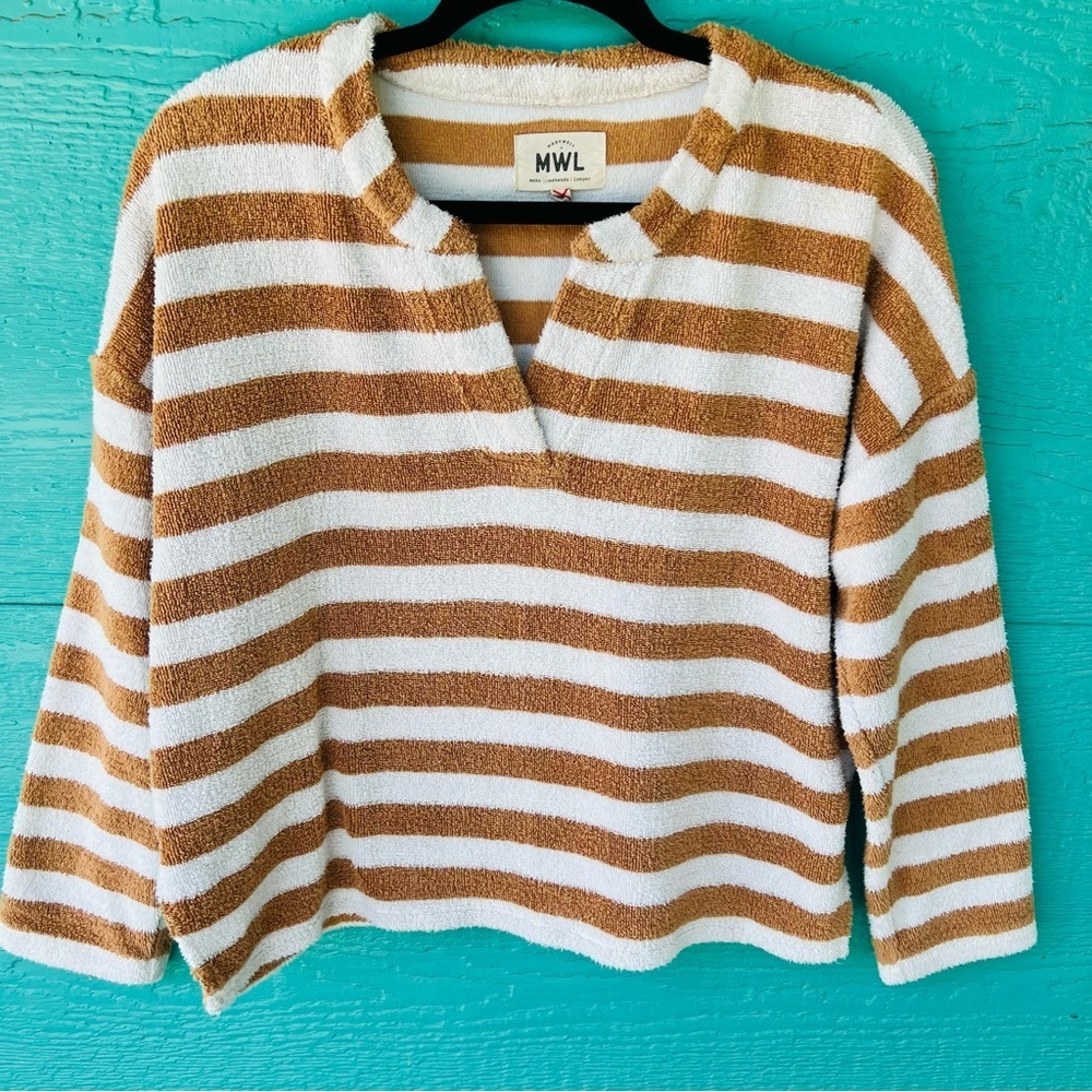 MWL Loop Terry Striped Notched Sweatshirt Terry Cloth SIZE MEDIUM Earthen Clay